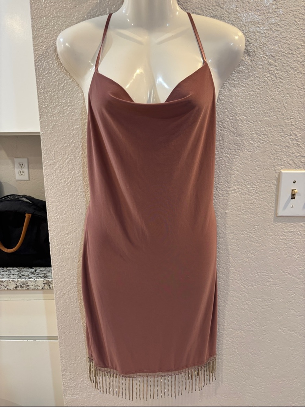 Slip Dress with Fringe Hem in Mauve